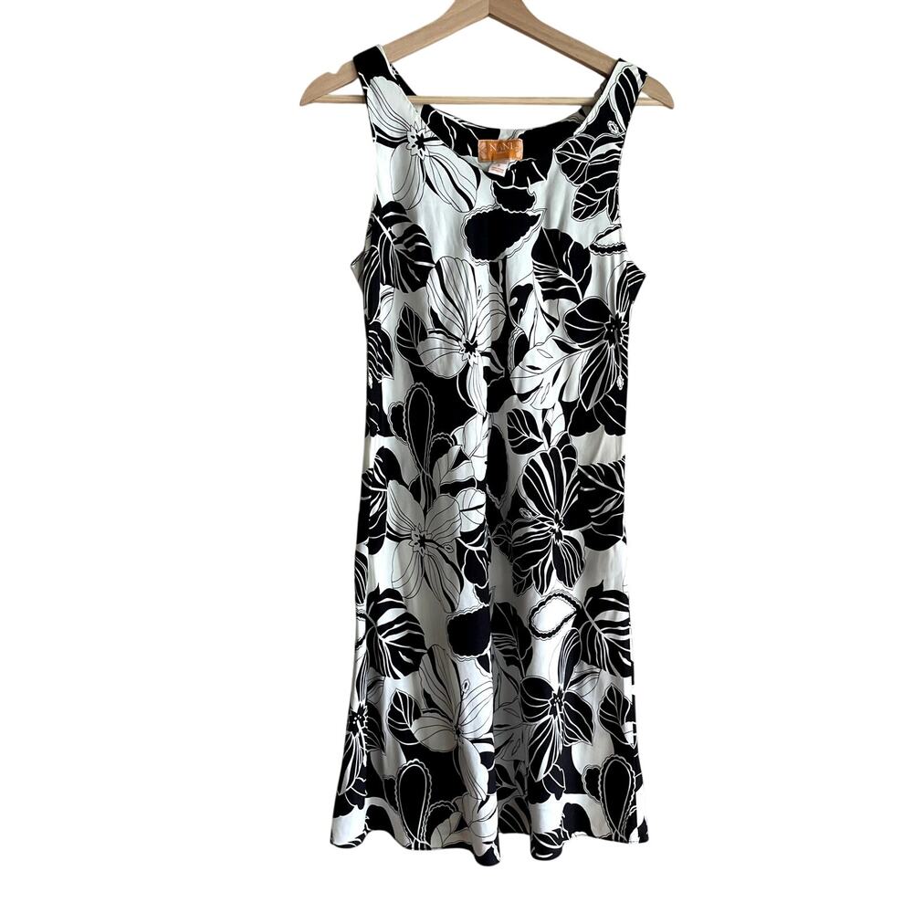 Nani Hawai'i black white floral midi length dress women's size small made in USA